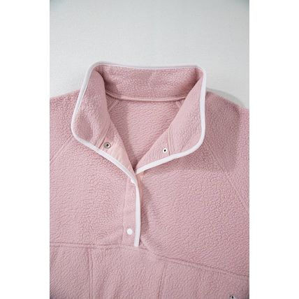 Fushia Stand Neck Half Button Zip Pocket Plush Sweatshirt
