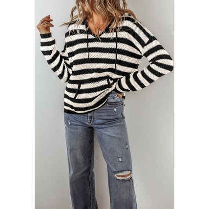 White Stripe V Neck Pocketed Drawstring Hooded Sweater