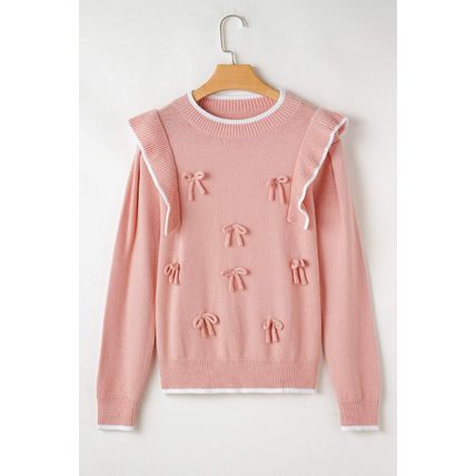 Light Pink Ruffled Bowknot Ribbed Trim Long Sleeve Sweater