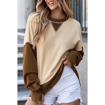 Apricot Color Block Thumbhole Sleeve Drop Shoulder Sweatshirt