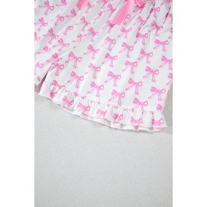Pink Bowknot Printed Short Sleeve and Ruffled Shorts Valentines Pajama Set
