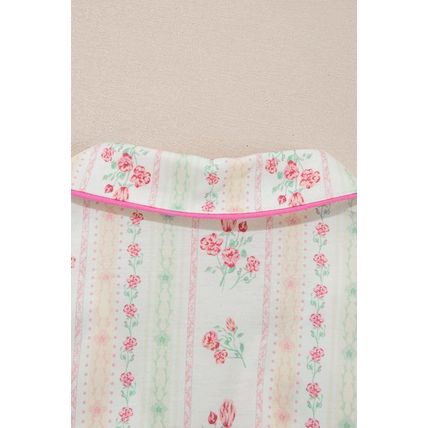 Beige Floral Print Contrast Pipping Short Pajamas Set