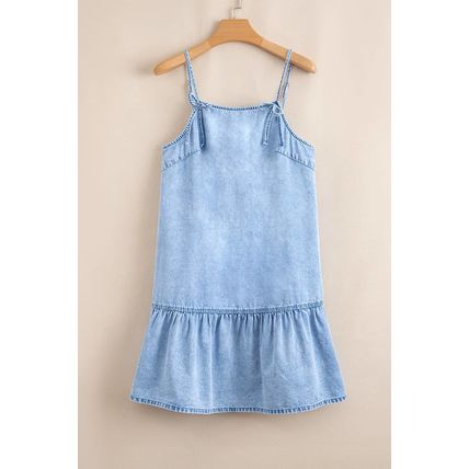 Beau Blue Bow Detail Spaghetti Straps Ruffle Hem Denim Short Dress