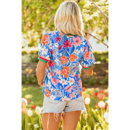 Sky Blue Floral Colorblock Edge Puff Sleeve Split Neck Blouse