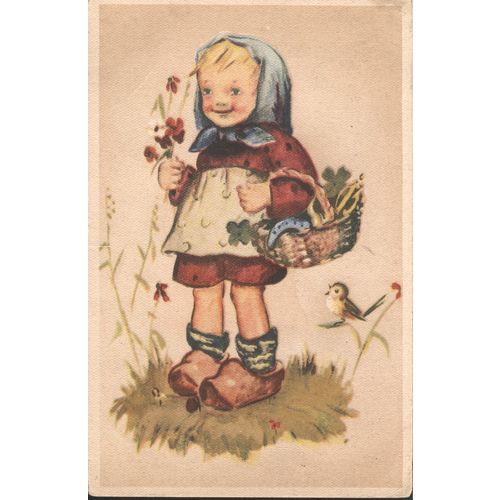 Vintage Greetings Card 1950 - Little girl in headscarf with basket