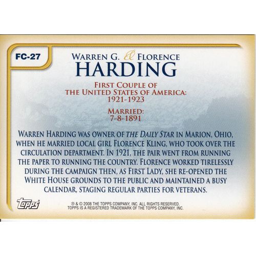 2008 Topps First Couple card FC-27 Warren G. & Florence Harding