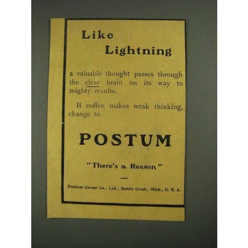 1908 Postum Drink Ad - Like Lightning