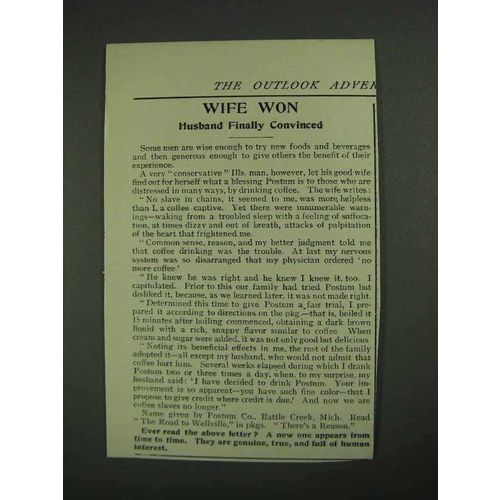 1908 Postum Drink Ad - Wife Won Husband Convinced