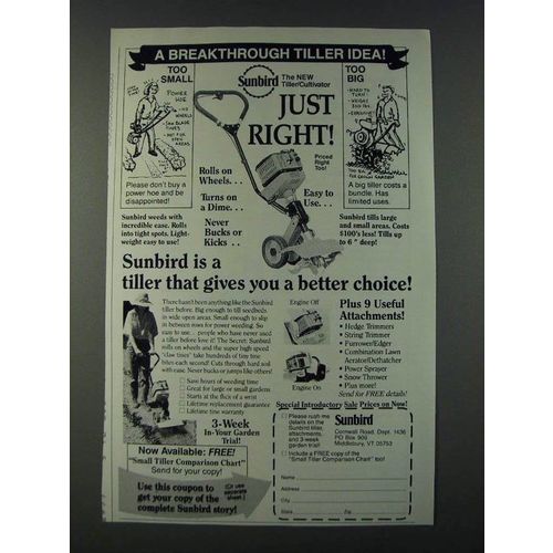 1986 Sunbird Tiller/Cultivator Ad - A breakthrough Tiller idea!