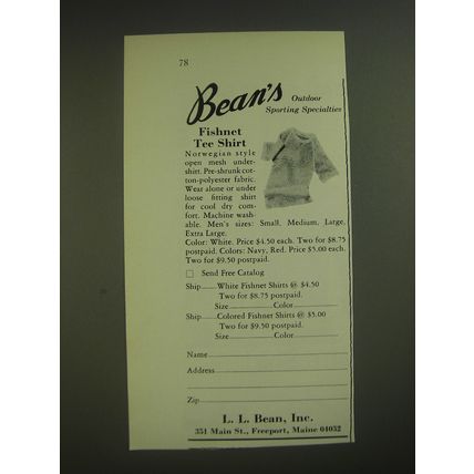 1974 L.L. Bean Fishnet Tee Shirt Ad - Bean's Outdoor sporting specialties