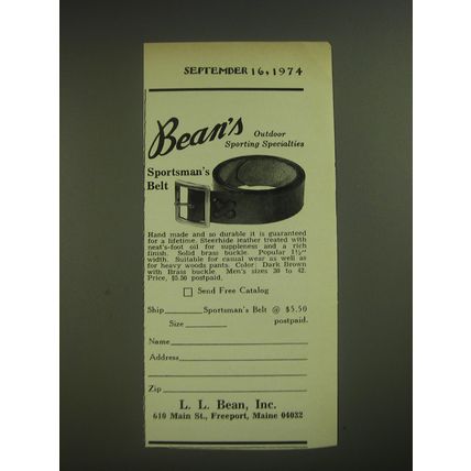 1974 L.L. Bean Sportsman's Belt Ad - Bean's Outdoor sporting specialties