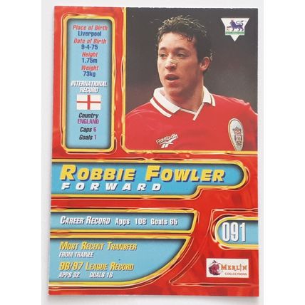 ROBBIE FOWLER 1998 Merlin Premier Gold Soccer Card LIVERPOOL #091
