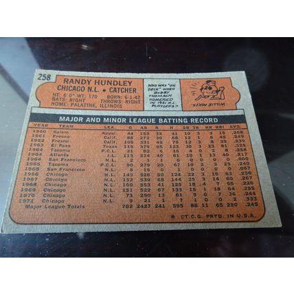 1972 Topps Card # 258 Randy Hundley Poor (1) Chicago Cubs