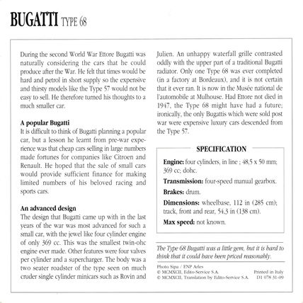 Collectors Club card. Classic Cars. Bugatti Type 68