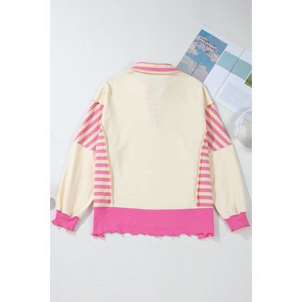 Pink Stripe Colorblock Patchwork Collared French Terry Knit Top