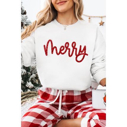 Beige Merry Graphic Christmas Crew Neck Sweatshirt