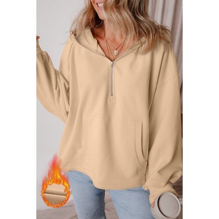 Parchment Fleece Lined Half Zipper Kangaroo Pockets Loose Hoodie
