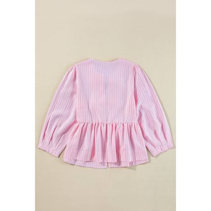 Pink Stripe Bowknot Front Crew Neck Puff Sleeve Blouse