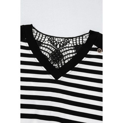 Black Stripe Crochet Hollow-out Back Buttoned Shoulder V Neck Top