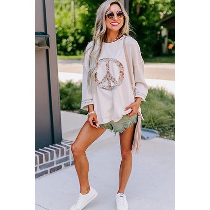 Jet Stream Floral Peace Sign Graphic Drop Shoulder Wide Sleeve Casual Top