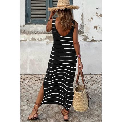 Black Stripe Print Open Back Sleeveless Maxi Dress with Slits
