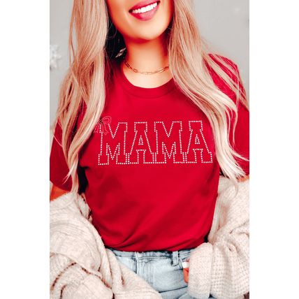 Red Rhinestone MAMA Bow Knot Pattern Crew Neck Loose Tee