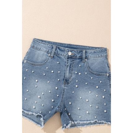Dusk Blue Pearl Beaded Raw Hem Medium Wash Denim Shorts