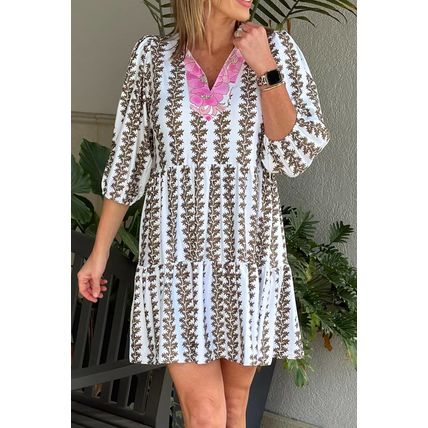 Black Contrast Floral V Neck Printed Bracelet Sleeve Dress