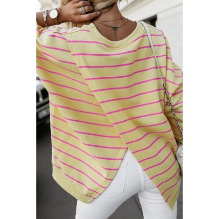 Yellow Stripe Stylish Overlap Detail Drop Shoulder Pullover Sweatshirt