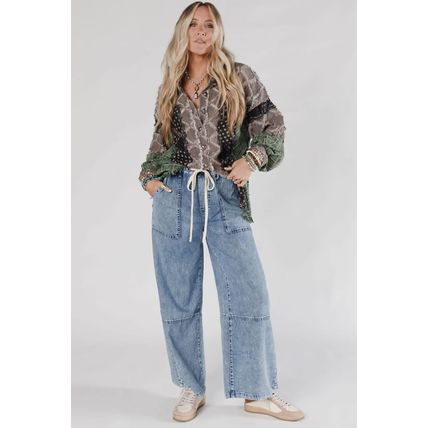 Ashleigh Blue Acid Wash Exposed Seam Drawstring High Waist Jeans
