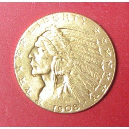 1908 $5 Indian Gold. Challenge Coin, Souvenir. REPLICA. 70.
