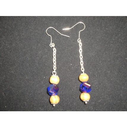Delightful natural wood & dark blue crystal glass helix long drop swing earrings