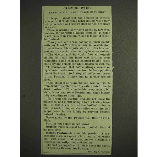 1914 Postum Drink Ad - Clever Wife