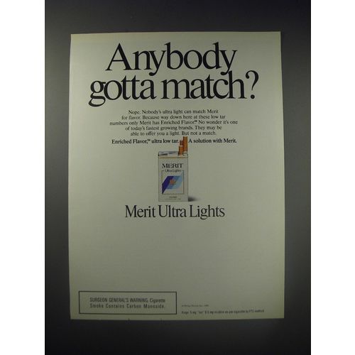 1990 Merit Ultra Lights Cigarettes Ad - Anybody gotta match?