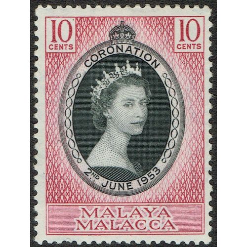 Malacca 1953 Coronation 10c Black and Reddish Purple SG22 MM