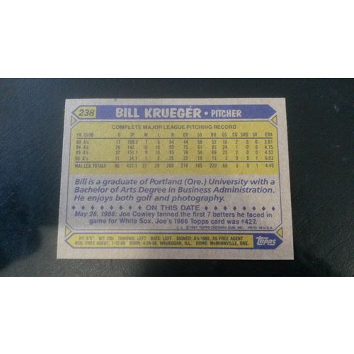1987 Topps Card # 238 Bill Krueger Excellent-Mint (6) Oakland Athletics