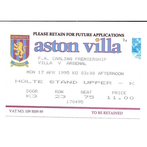 Aston Villa v Arsenal 1994/1995 Premier League Football Ticket