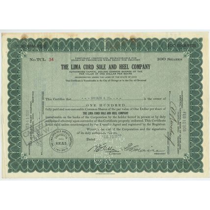 Lima Cord Sole And Heel Company 100 Shares 1938 Stock/Share Certificate Shields