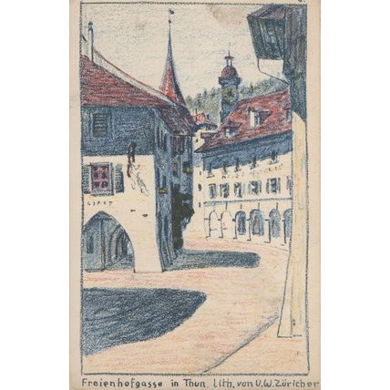 Freienhofgasse Thun Antique Sketch Painting Switzerland Postcard