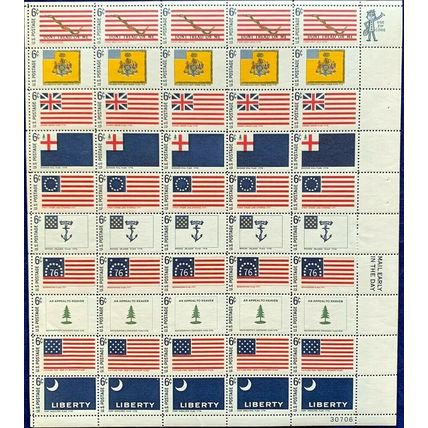 Historic Flag Series Sheet of Fifty 6 Cent Postage Stamps Scott 1345-54