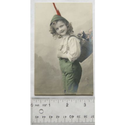 vintage postcard Girl in Feathered Hat Carrying Basket