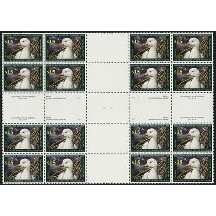 RW73, MNH $15 Duck Cross Gutter Block of 16 Stamps From Press Sheet Stuart Katz