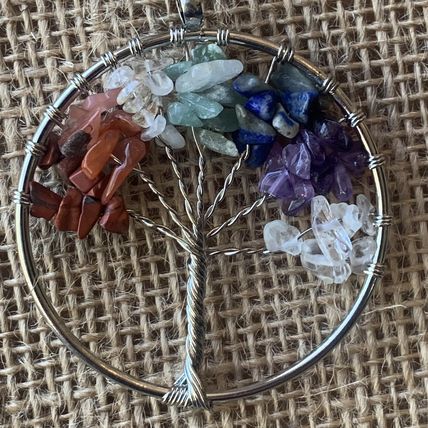 7 Chakra Stone Crystal Tree of Life Wire Wrapped Pendant Necklace w Copper Owl