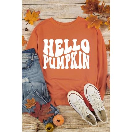 Orange Hello Pumpkin Graphic Drop Shoulder Halloween Sweatshirt