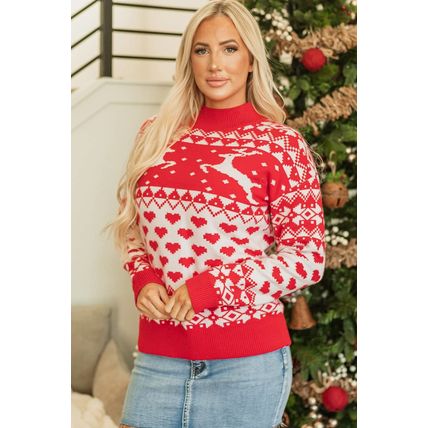 Fiery Red Merry Christmas Reindeer Heart Pattern High Neck Sweater