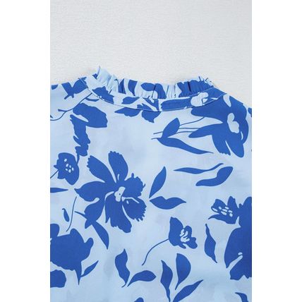 Sky Blue Floral Print Tiered Frilled Trim Flutter Sleeve Maxi Dress