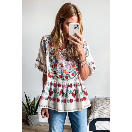 White Boho Floral Print Round Neck Ruffle Trim Blouse