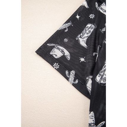 Black Western Pattern Mesh Sheer Crew Neck T Shirt