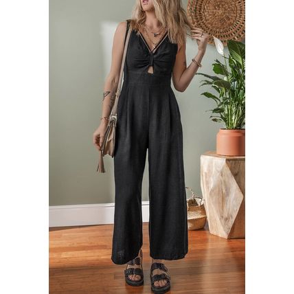 Black Front Cut Out Smocked Back Sleeveless Wide Leg Jumpsuit