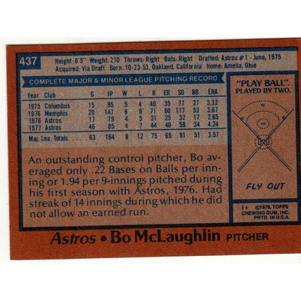 1978 Topps baseball card 437 Bo McLaughlin - Astros